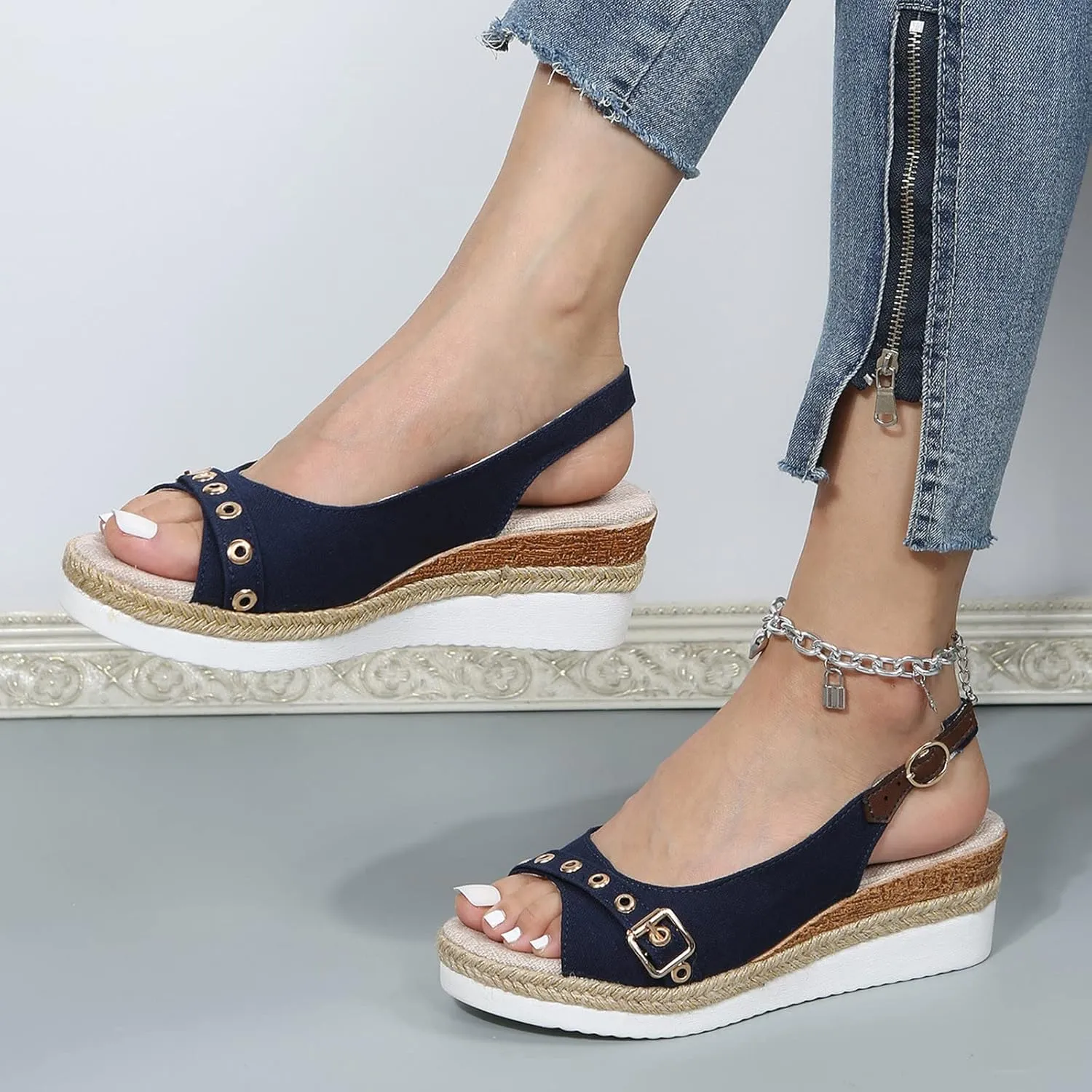 Eduavar Sandals for Women 2025 Summer Open Toe Slingback Wedges Double Strap Block Low Heel Sandals Classic Dress Shoes