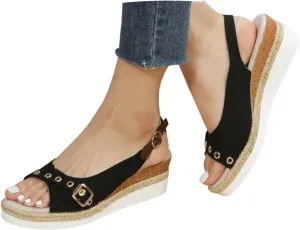 Eduavar Sandals for Women 2025 Summer Open Toe Slingback Wedges Double Strap Block Low Heel Sandals Classic Dress Shoes