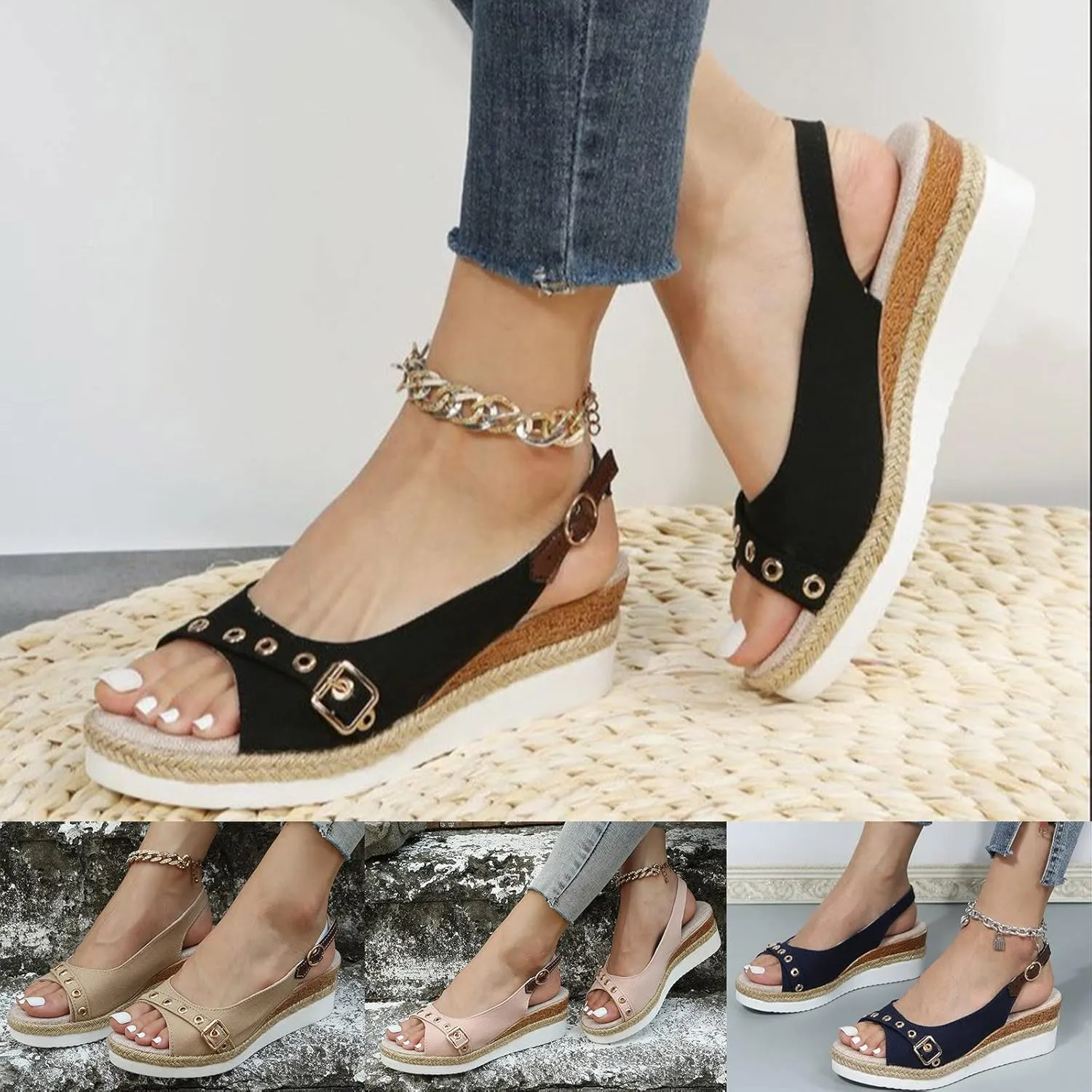 Eduavar Sandals for Women 2025 Summer Open Toe Slingback Wedges Double Strap Block Low Heel Sandals Classic Dress Shoes