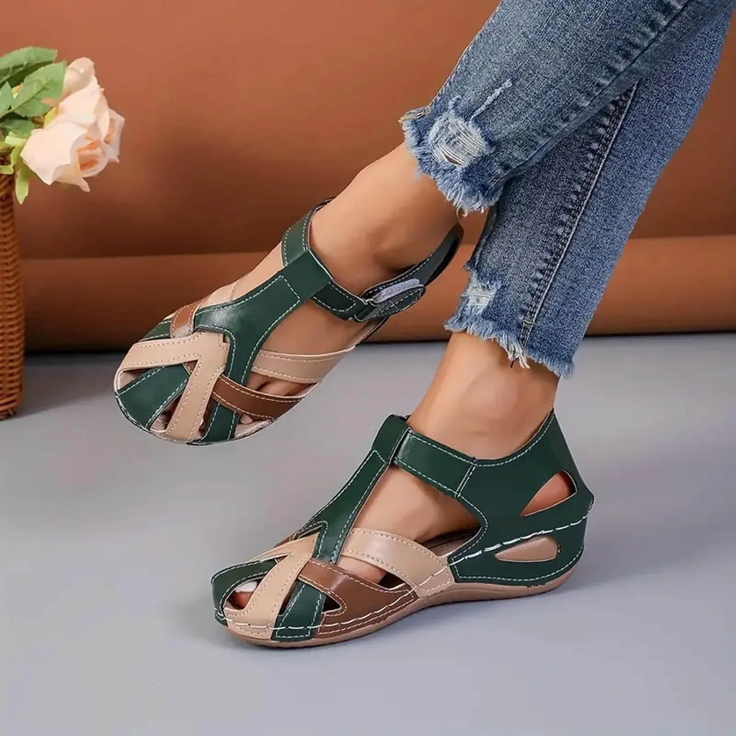 Eduavar Sandals Women Closed Toe Espadrilles Platform Wedge Heels with Adjustable Ankle Strap and Comfortable Cushion Insoles