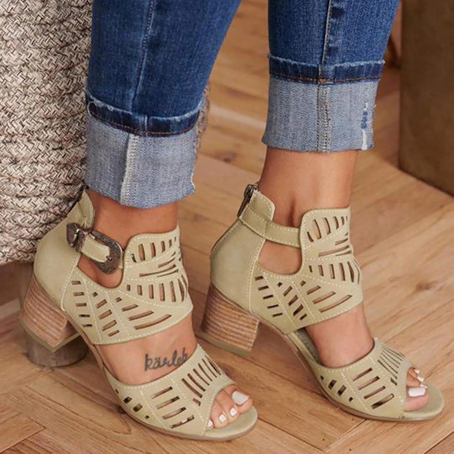 Eduavar Summer Sandals for Women, Sandals Women Summer Breathable Hollow Out Low Heel Sandals with Buckle Ankle Strap