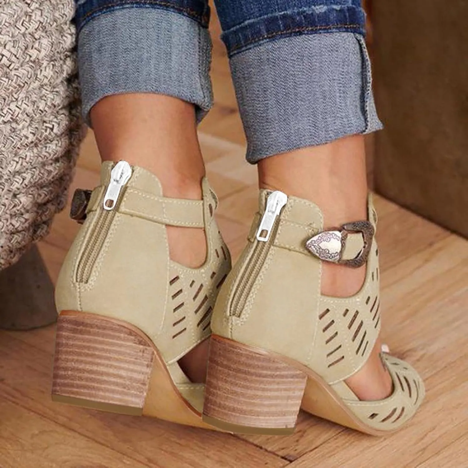 Eduavar Summer Sandals for Women, Sandals Women Summer Breathable Hollow Out Low Heel Sandals with Buckle Ankle Strap