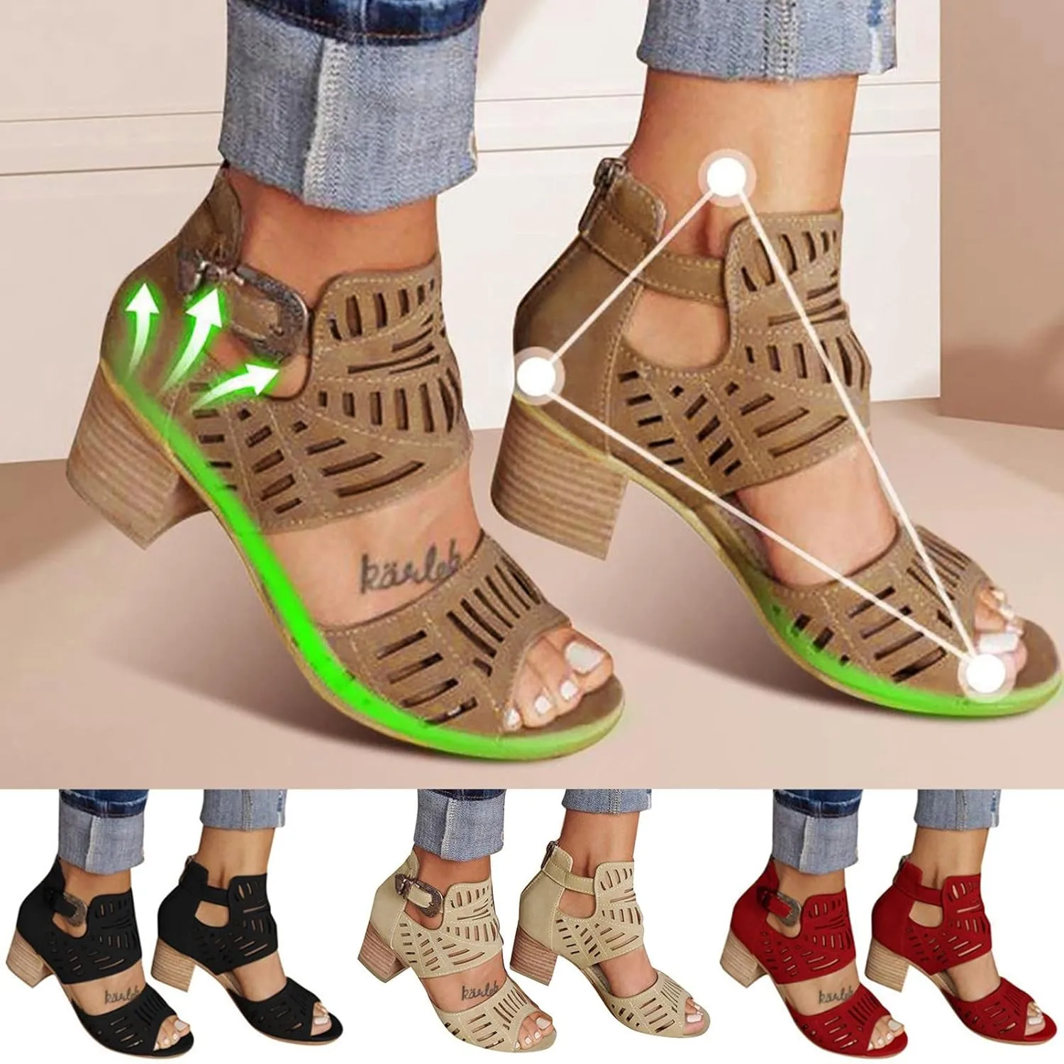 Eduavar Summer Sandals for Women, Sandals Women Summer Breathable Hollow Out Low Heel Sandals with Buckle Ankle Strap