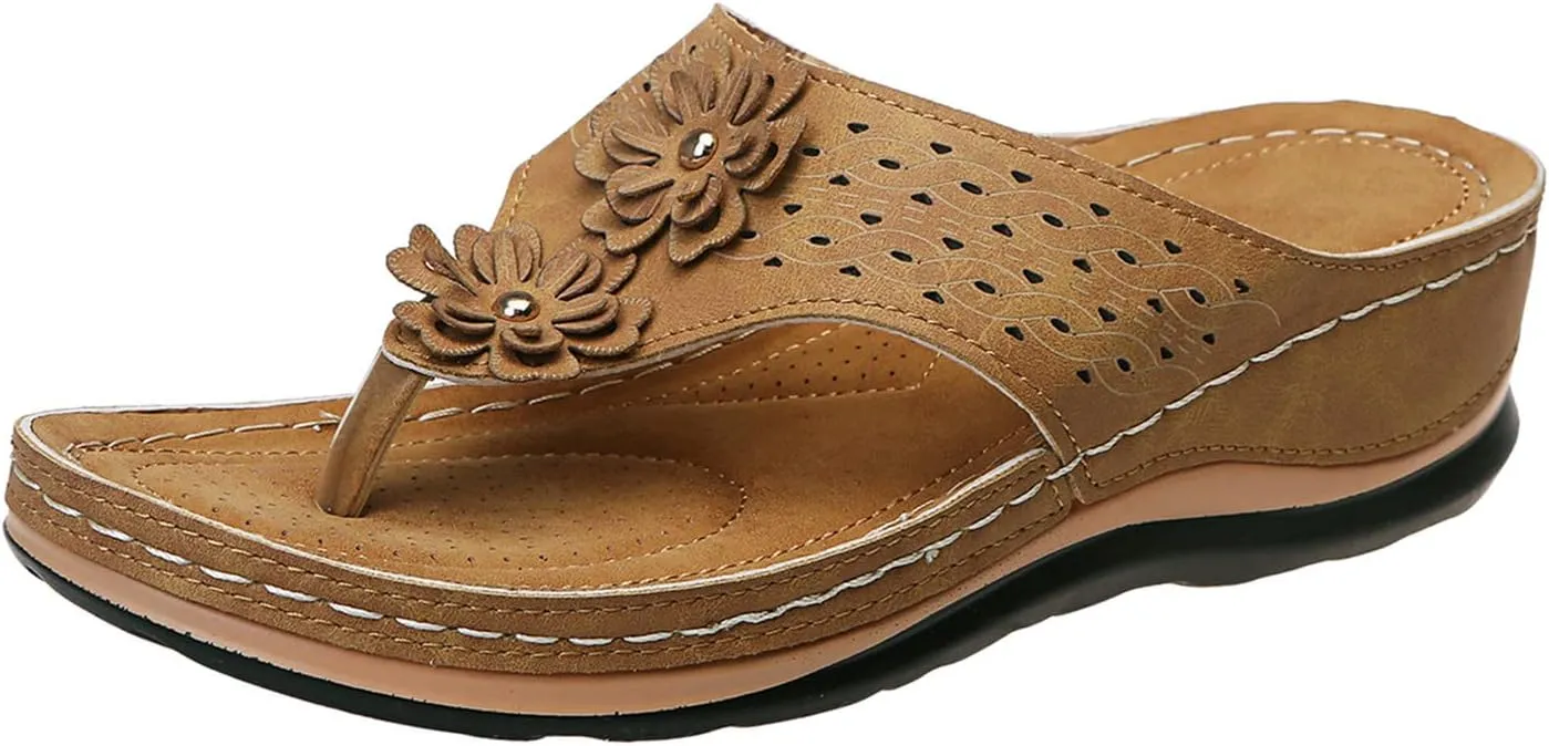 Eduavar Womens Sandals Summer Fashion Walking Slippers Anti-Slip Vintage Slip On Flip Flops Thong Sandals Orthopedic Shoes