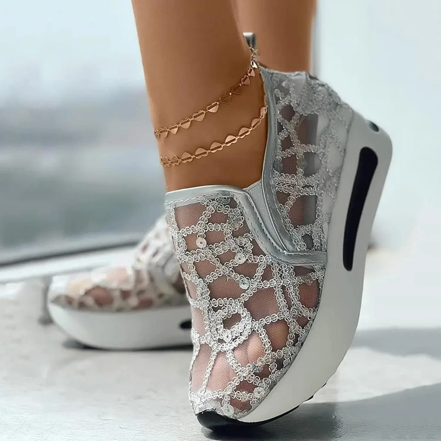 Embroidered Sneakers for Women See Through Mesh Breathable Shoes Comfortable Walking Sneakers Platform Chunky Loafers Casual Lightweight Shoes Beach Footwear 2025 Fashion
