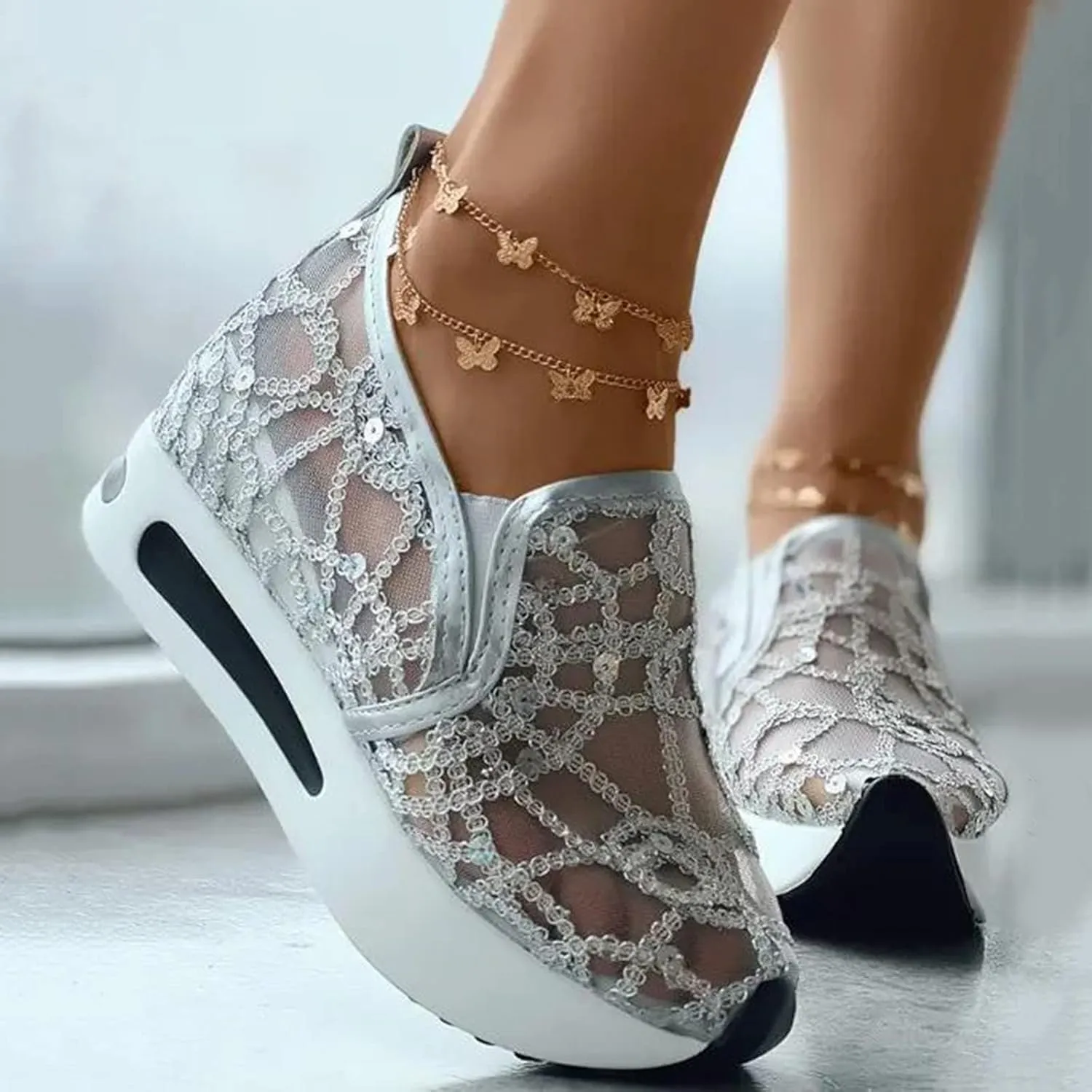 Embroidered Sneakers for Women See Through Mesh Breathable Shoes Comfortable Walking Sneakers Platform Chunky Loafers Casual Lightweight Shoes Beach Footwear 2025 Fashion