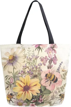 Extra Large Shoulder Gym Tote Bag, Honey Bees Flowers Vintage Canvas Handle Bag for Yoga Weekender Picnic Beach Travel Kitchen Reusable Market Grocery Shopping