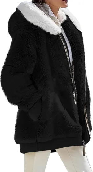 Fall Jackets For Women 2024 Casual Solid Color Loose Plush Zippered Hooded Jacket With Pockets