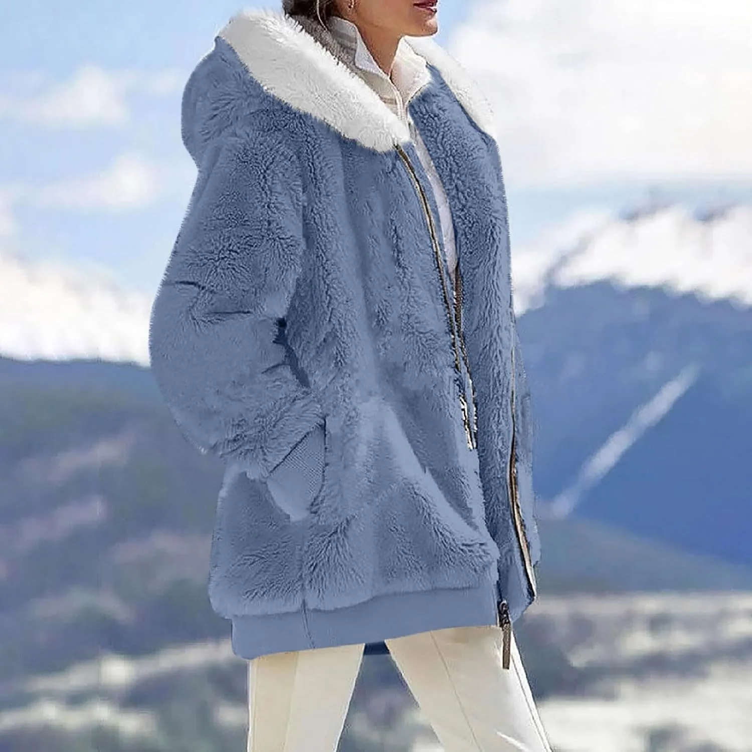 Fall Jackets For Women 2024 Casual Solid Color Loose Plush Zippered Hooded Jacket With Pockets
