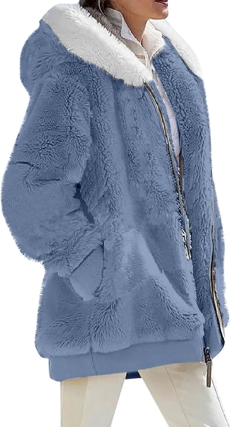Fall Jackets For Women 2024 Casual Solid Color Loose Plush Zippered Hooded Jacket With Pockets
