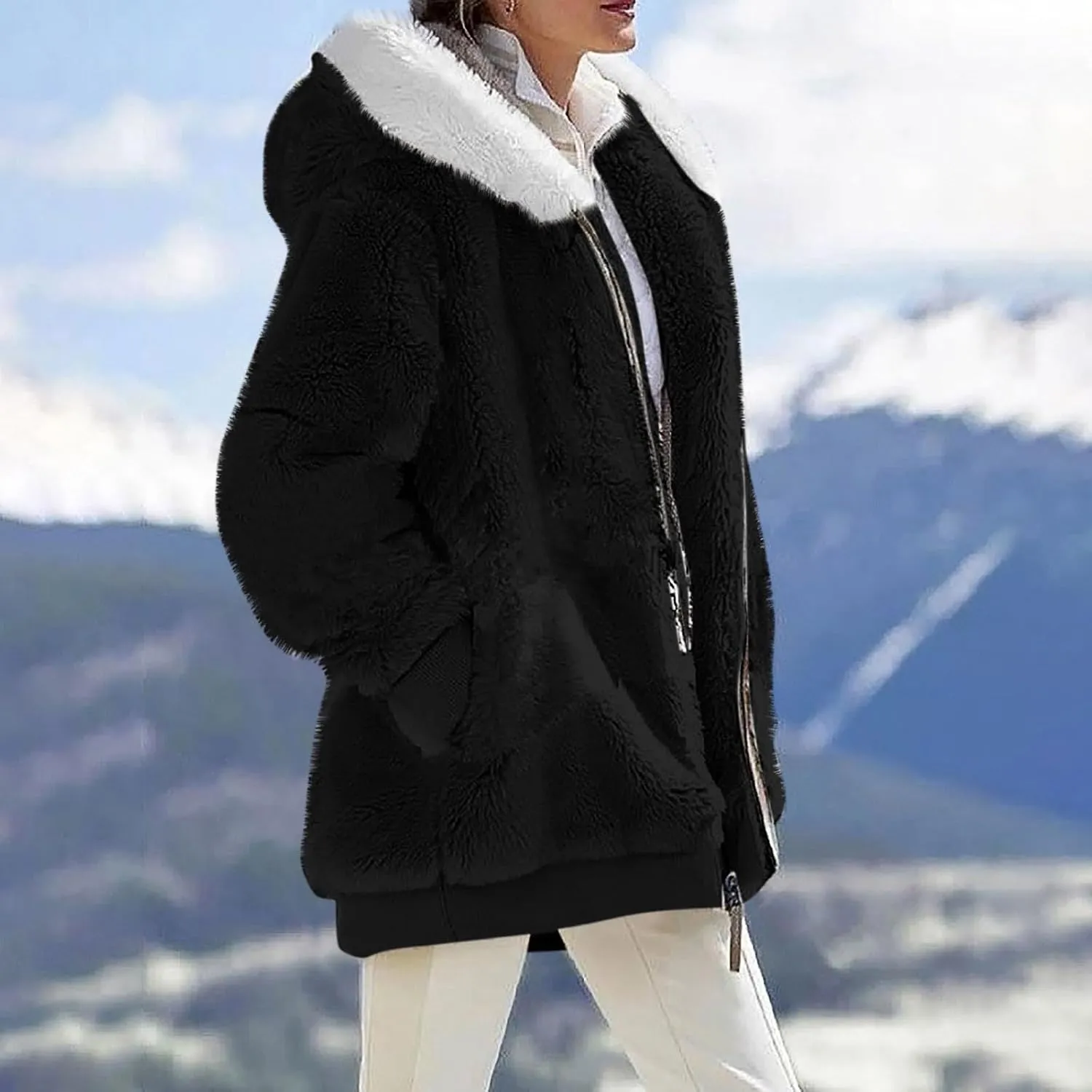 Fall Jackets For Women 2024 Casual Solid Color Loose Plush Zippered Hooded Jacket With Pockets
