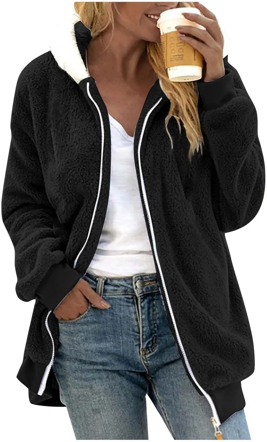 Fall Jackets For Women 2024 Casual Solid Color Loose Plush Zippered Hooded Jacket With Pockets