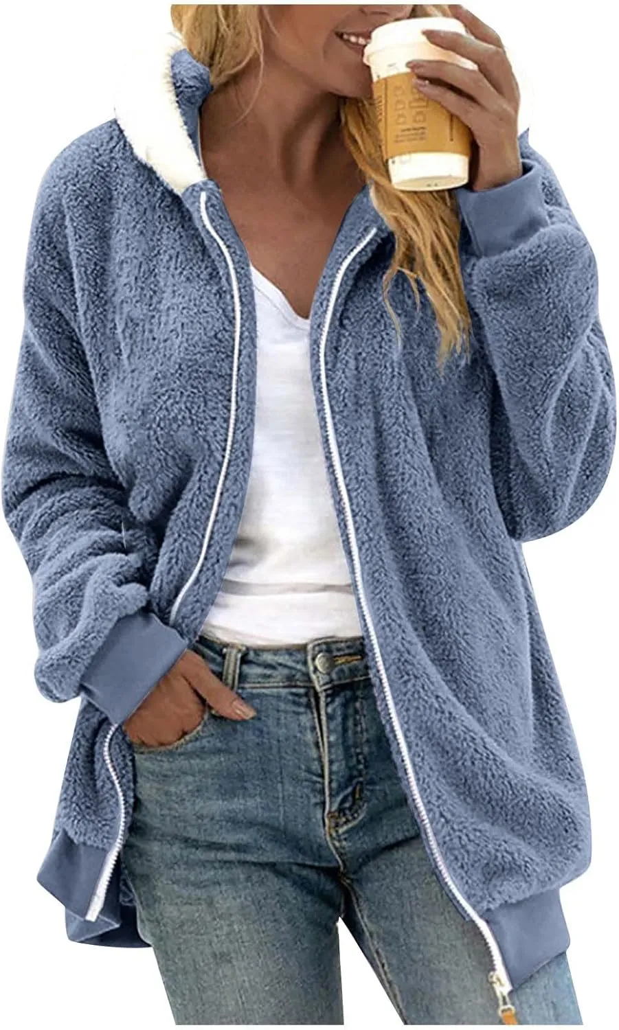Fall Jackets For Women 2024 Casual Solid Color Loose Plush Zippered Hooded Jacket With Pockets