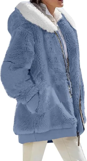 Fall Jackets For Women 2024 Casual Solid Color Loose Plush Zippered Hooded Jacket With Pockets