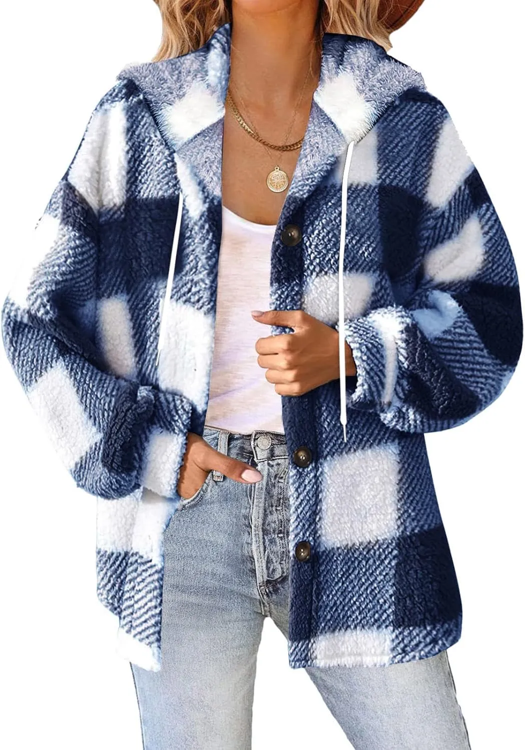 Fall Jackets for Women 2024 Plaid Shirts Casual Hoodie Jackets Long Sleeve Button Down Loose Fit Warm Winter Coats