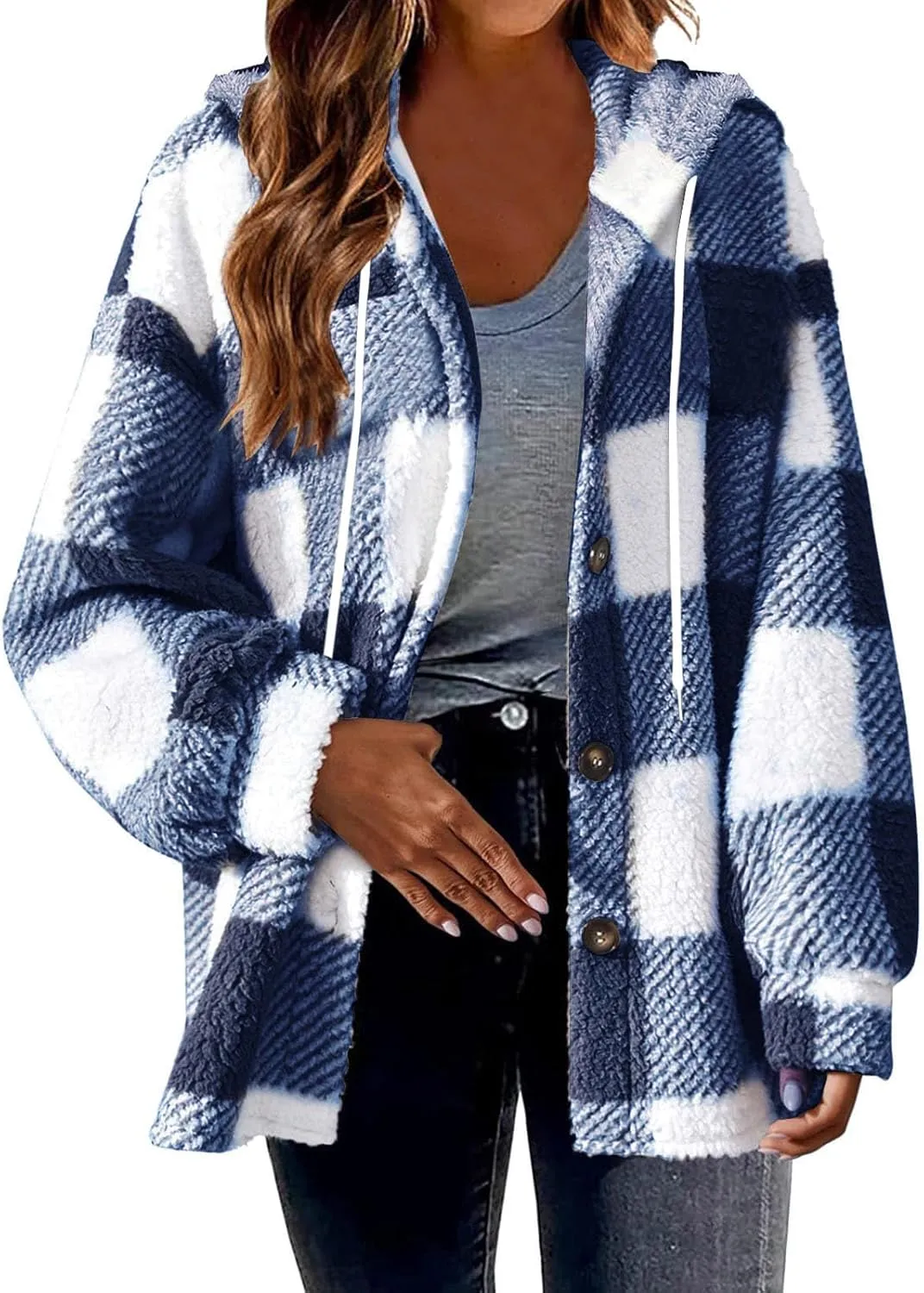 Fall Jackets for Women 2024 Plaid Shirts Casual Hoodie Jackets Long Sleeve Button Down Loose Fit Warm Winter Coats
