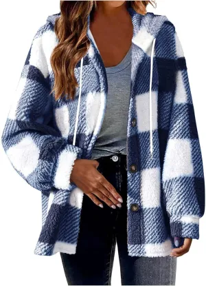 Fall Jackets for Women 2024 Plaid Shirts Casual Hoodie Jackets Long Sleeve Button Down Loose Fit Warm Winter Coats