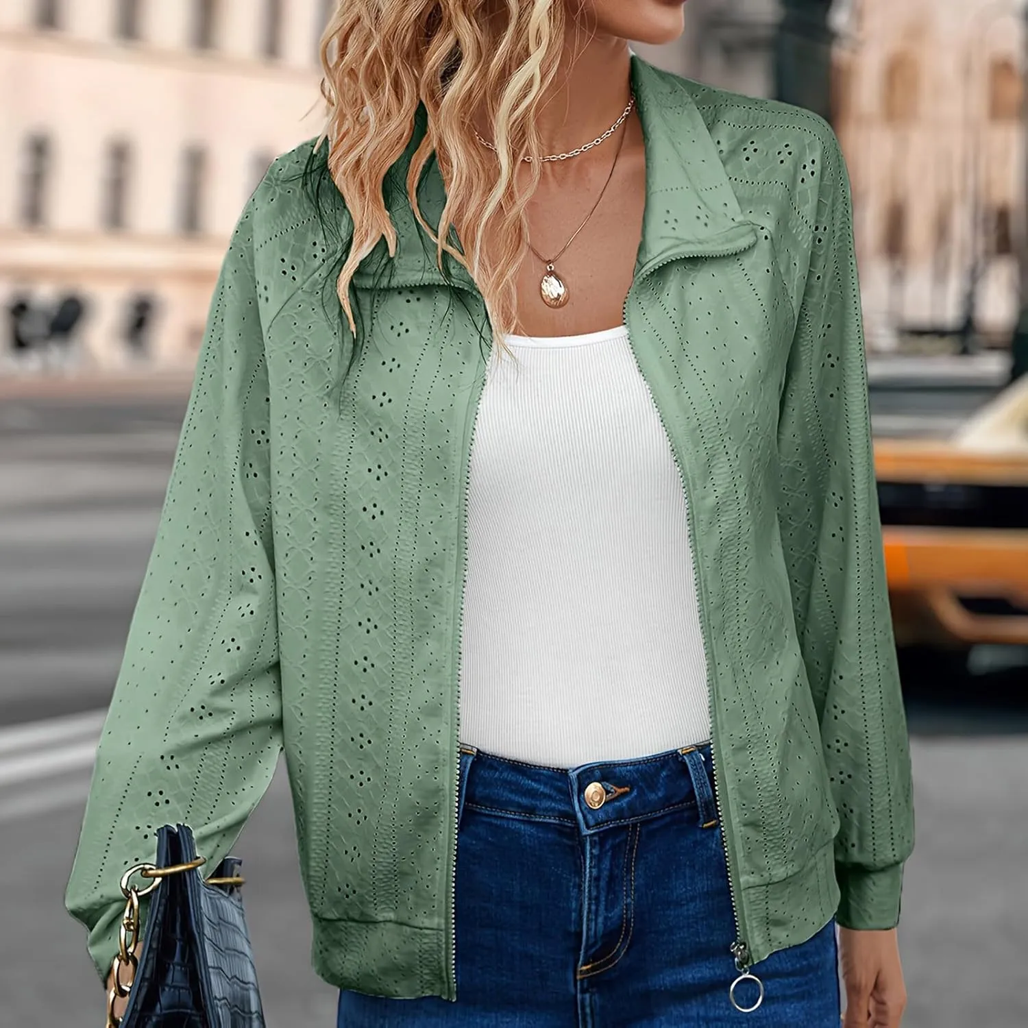 Fall Jackets for Women 2024 Solid Hollow Out Zipper Winter Coats Long Sleeve Hoodless Jacket Outerwear