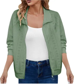Fall Jackets for Women 2024 Solid Hollow Out Zipper Winter Coats Long Sleeve Hoodless Jacket Outerwear