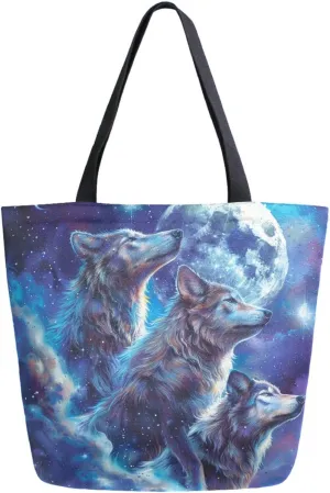 Fashion Pattern Extra Large Shoulder Grocery Tote Bag, Magic Big Moon Sky Wolves Canvas Daily Handle Bag for Gym Weekender Beach Travel Kitchen Reusable Market Shopping