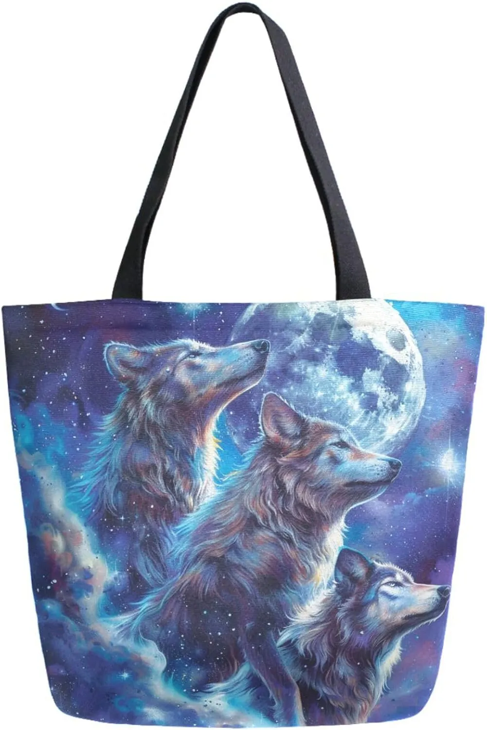 Fashion Pattern Extra Large Shoulder Grocery Tote Bag, Magic Big Moon Sky Wolves Canvas Daily Handle Bag for Gym Weekender Beach Travel Kitchen Reusable Market Shopping