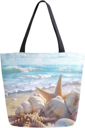Fashion Pattern Extra Large Shoulder Grocery Tote Bag, Summer Beach Shells Sea Water Canvas Daily Handle Bag for Gym Weekender Beach Travel Kitchen Reusable Market Shopping