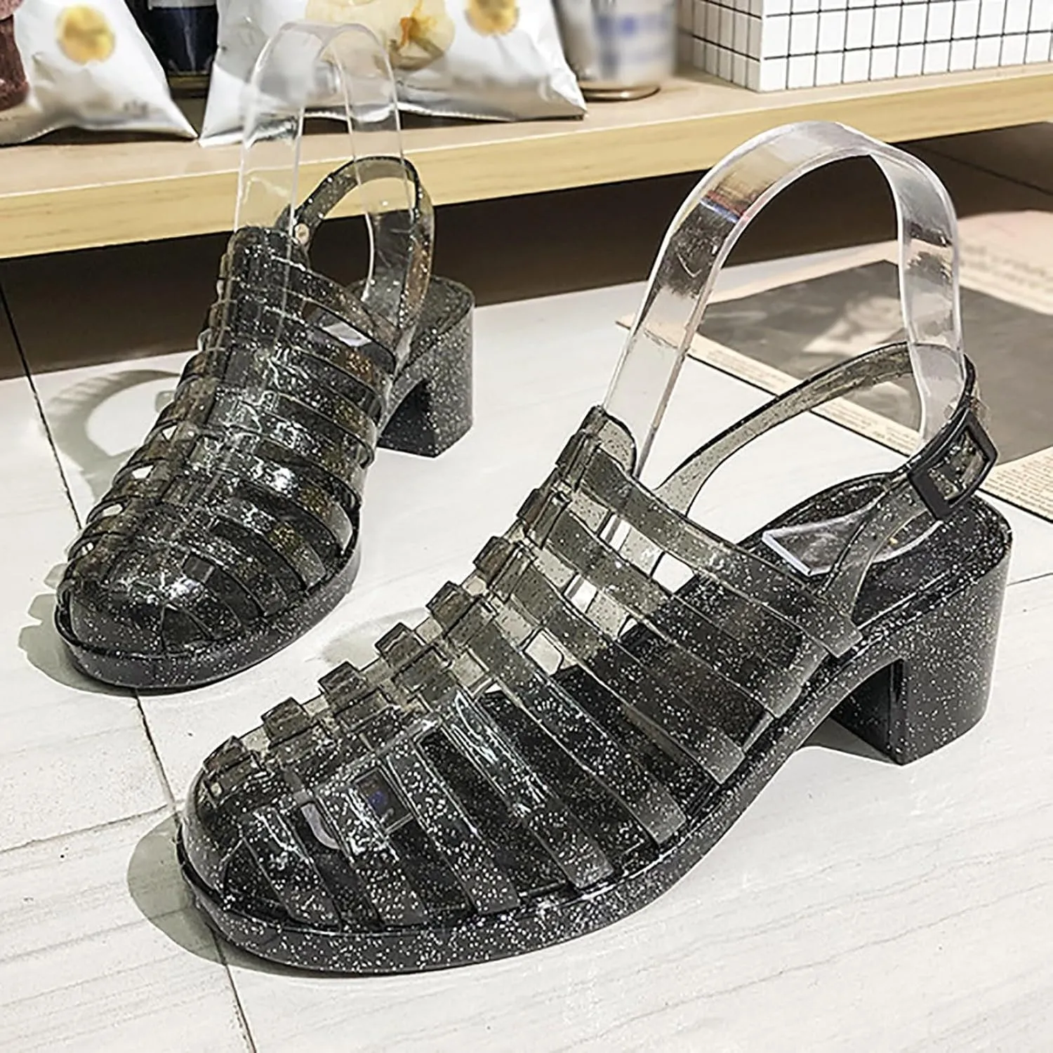 Fashionable Casual Women's Jelly Rain Boots Crystal Plastic Mid Heel Sandals All Wedge Sandals for Women