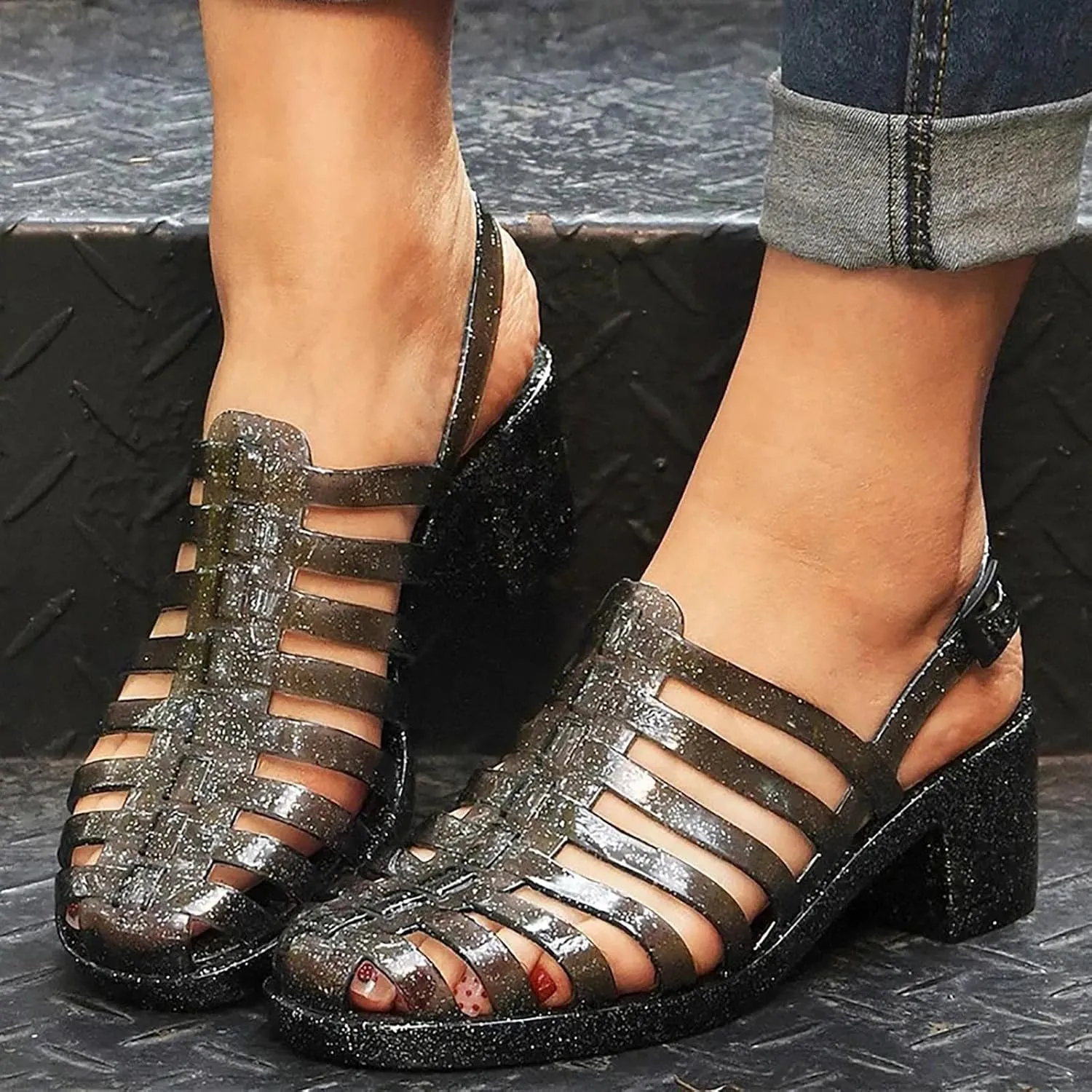 Fashionable Casual Women's Jelly Rain Boots Crystal Plastic Mid Heel Sandals All Wedge Sandals for Women