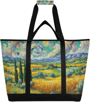Field Mountain Yellow Tote Bag for Women with Zipper Reusable Grocery Bags Foldable Insulated Cooler Bag Handbags Totes Shopping Bags for Groceries Beach Travel Work Picnic