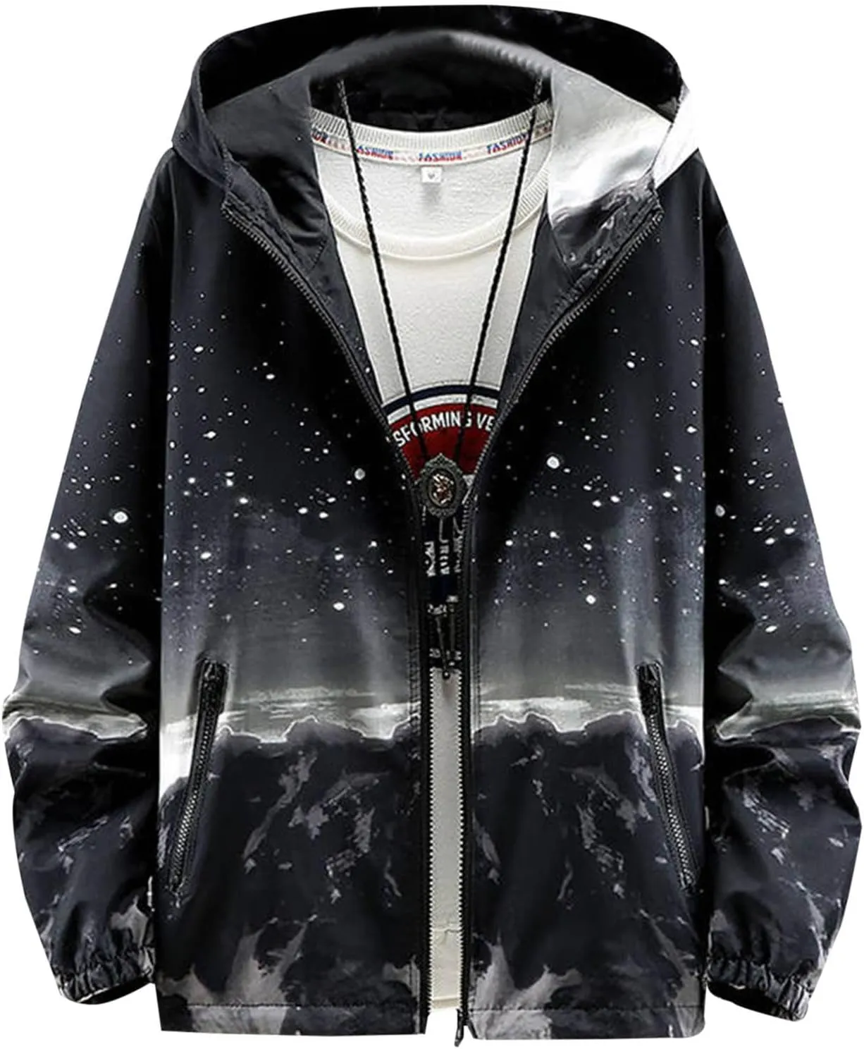 Finelylove Mens Lightweight Casual Jacket Gardient Hooded Windbreaker Full Zip Fashion Graphic Jacket with Zip Pockets
