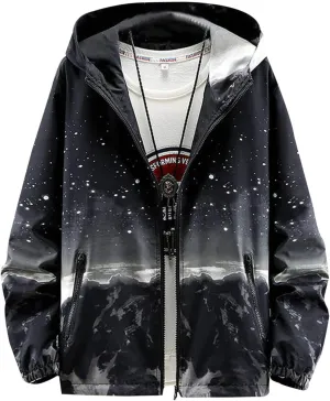 Finelylove Mens Lightweight Casual Jacket Gardient Hooded Windbreaker Full Zip Fashion Graphic Jacket with Zip Pockets