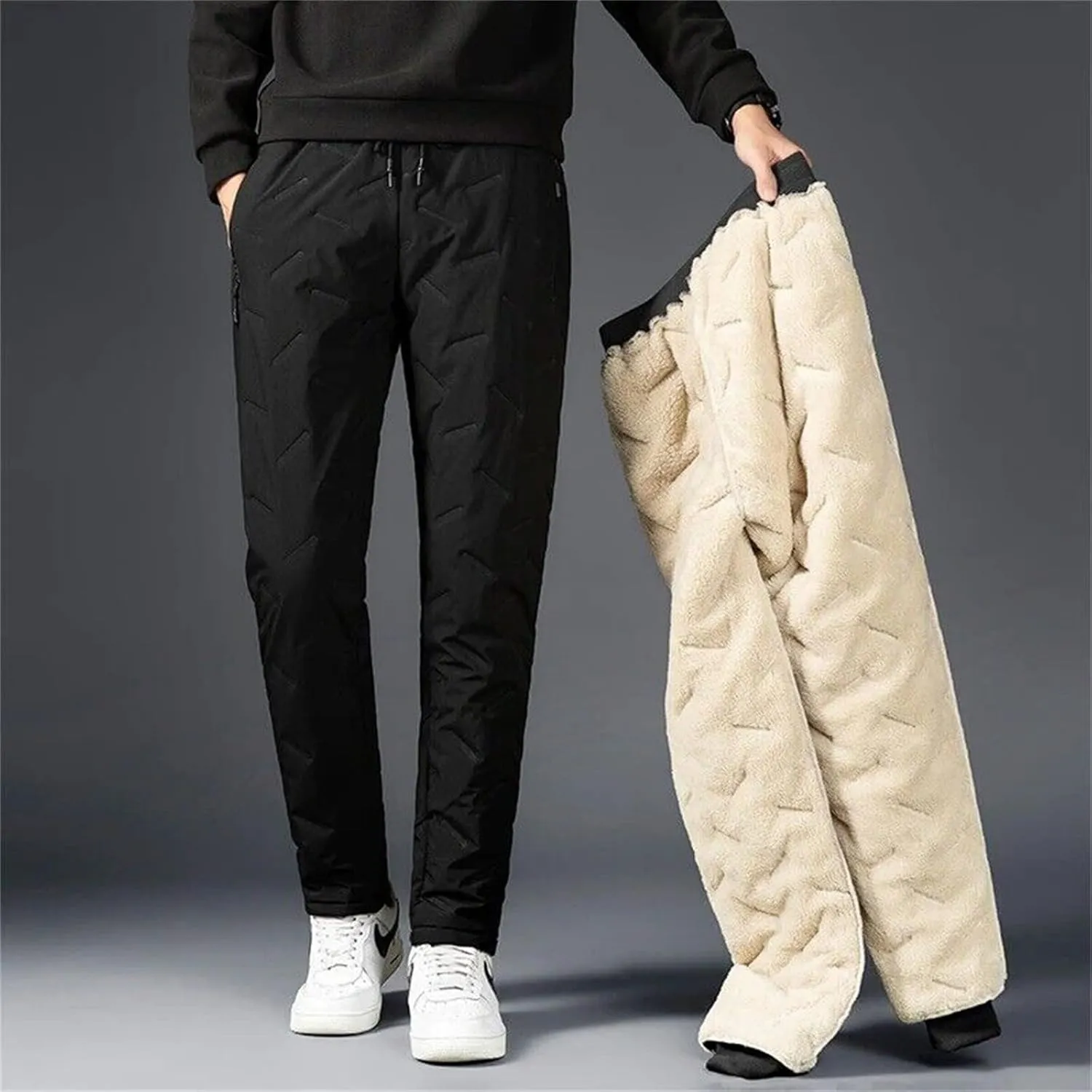 Fleece Lined Casual Pants for Men Elastic Waist Drawstring Comfy Tapered Trousers Plus Size Winter Jogging Pants with Pockets