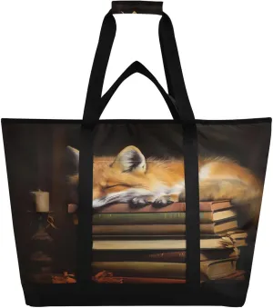 Fox Cartoon Book Tote Bag for Women with Zipper Reusable Grocery Bags Foldable Insulated Cooler Bag Totes Handbags Shopping Bags for Groceries Travel Beach Work Picnic