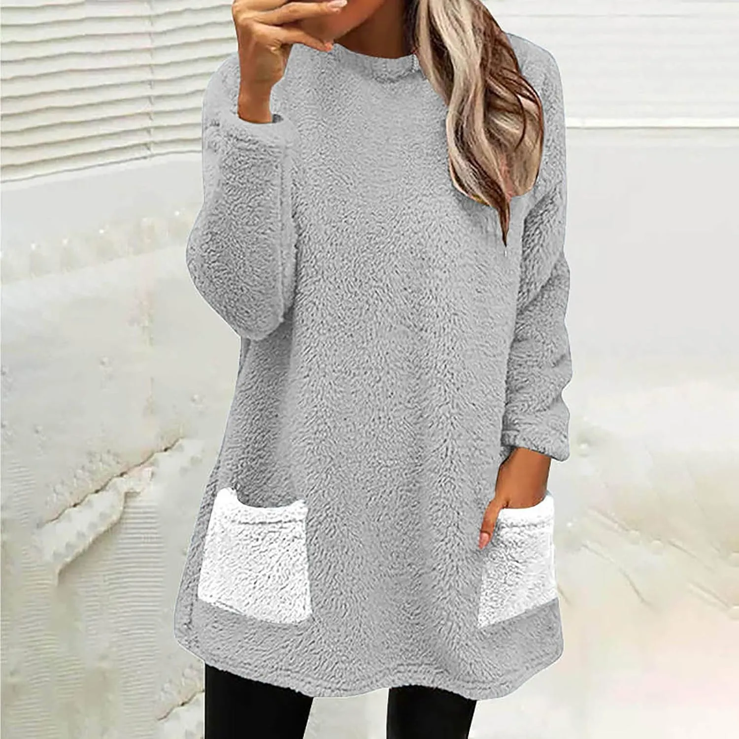 Fuzzy Fleece Pullover Women Sherpa Lined Crewneck Sweatshirts 2024 Trendy Winter Warm Faux Fur Loungewear with Pockets