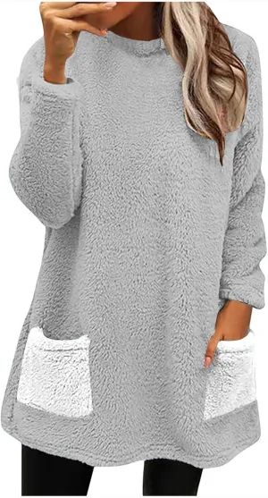 Fuzzy Fleece Pullover Women Sherpa Lined Crewneck Sweatshirts 2024 Trendy Winter Warm Faux Fur Loungewear with Pockets