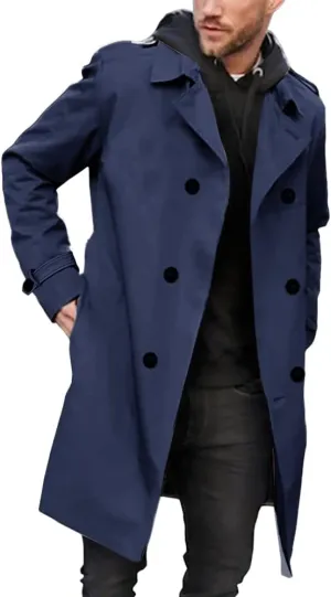 Gafeng Mens Double Breasted Trench Coat Notched Lapel Casual Slim Fit Long Windbreaker Overcoat