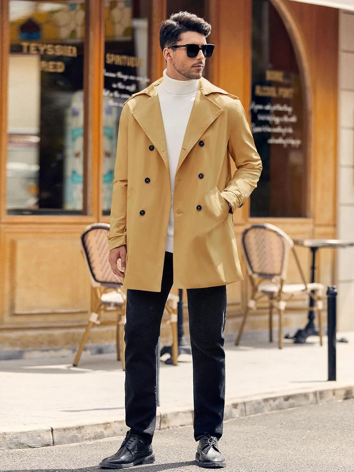 Gafeng Mens Double Breasted Trench Coat Notched Lapel Casual Slim Fit Long Windbreaker Overcoat