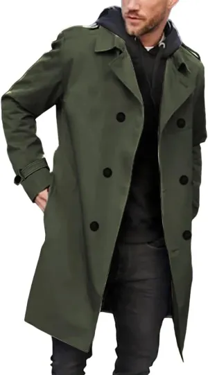 Gafeng Mens Double Breasted Trench Coat Notched Lapel Casual Slim Fit Long Windbreaker Overcoat