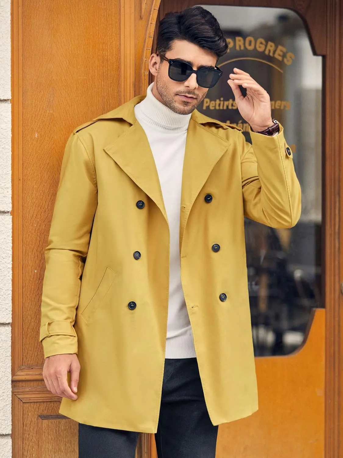 Gafeng Mens Double Breasted Trench Coat Notched Lapel Casual Slim Fit Long Windbreaker Overcoat