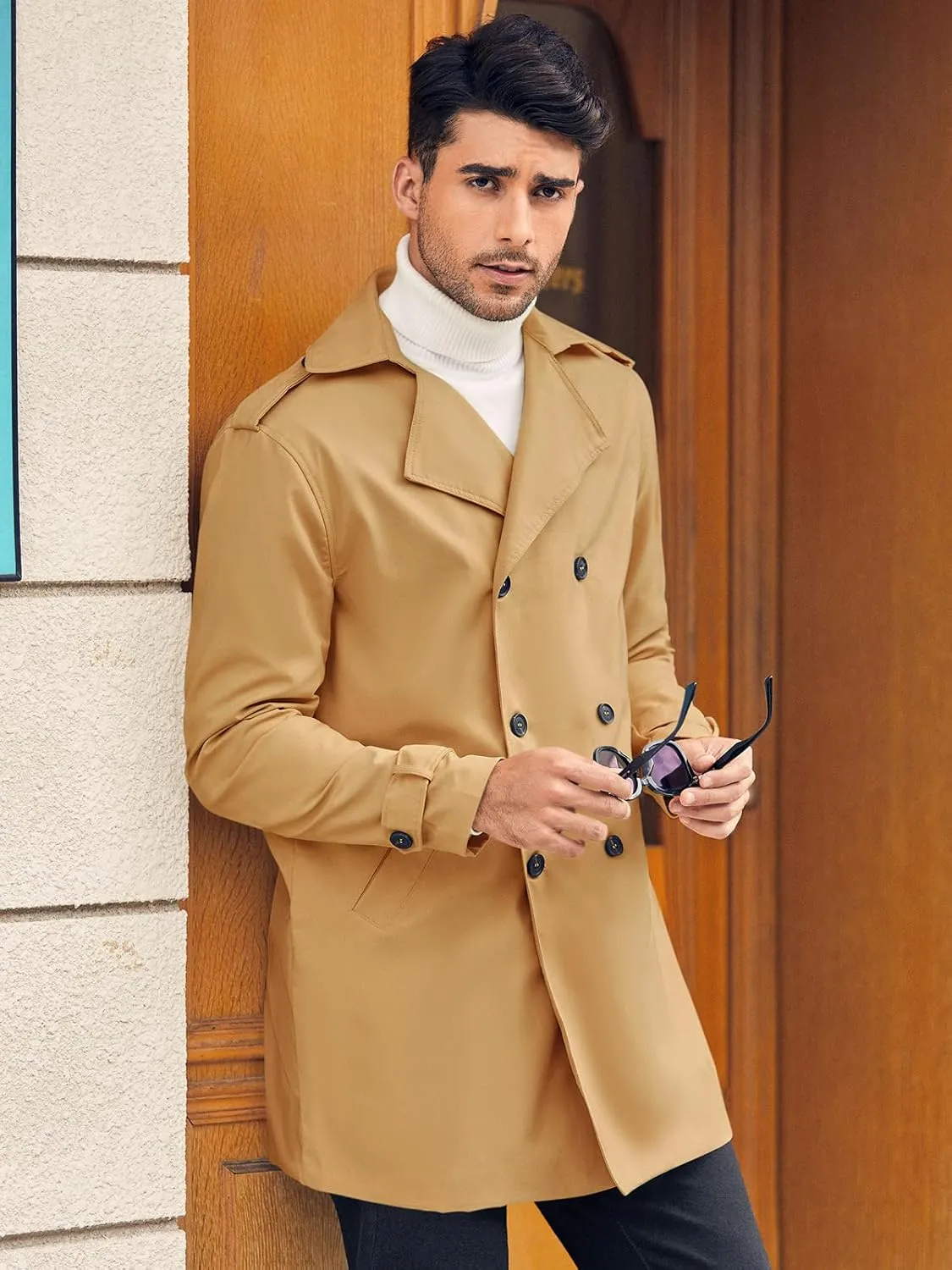 Gafeng Mens Double Breasted Trench Coat Notched Lapel Casual Slim Fit Long Windbreaker Overcoat