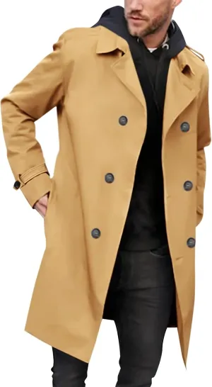 Gafeng Mens Double Breasted Trench Coat Notched Lapel Casual Slim Fit Long Windbreaker Overcoat