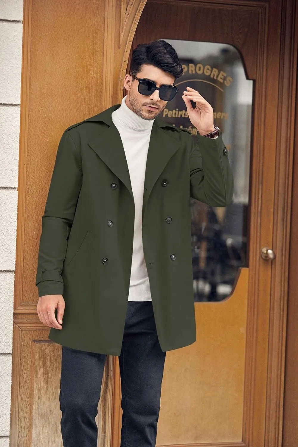 Gafeng Mens Double Breasted Trench Coat Notched Lapel Casual Slim Fit Long Windbreaker Overcoat