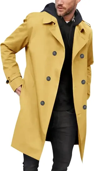 Gafeng Mens Double Breasted Trench Coat Notched Lapel Casual Slim Fit Long Windbreaker Overcoat