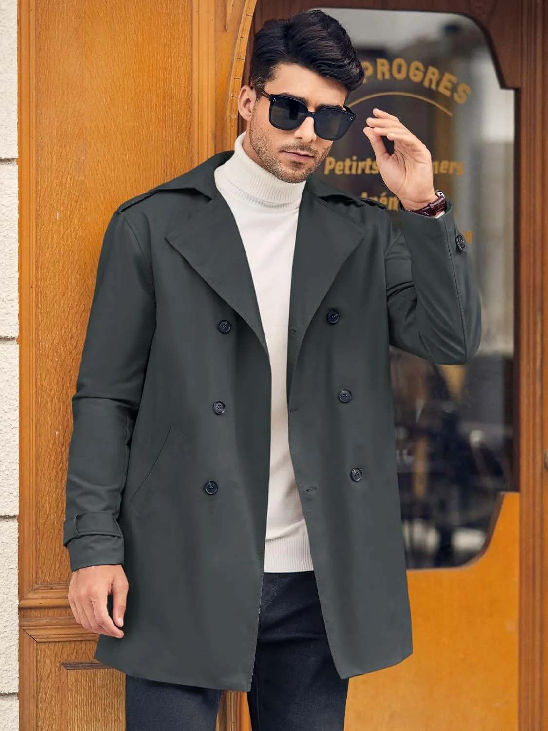 Gafeng Mens Double Breasted Trench Coat Notched Lapel Casual Slim Fit Long Windbreaker Overcoat