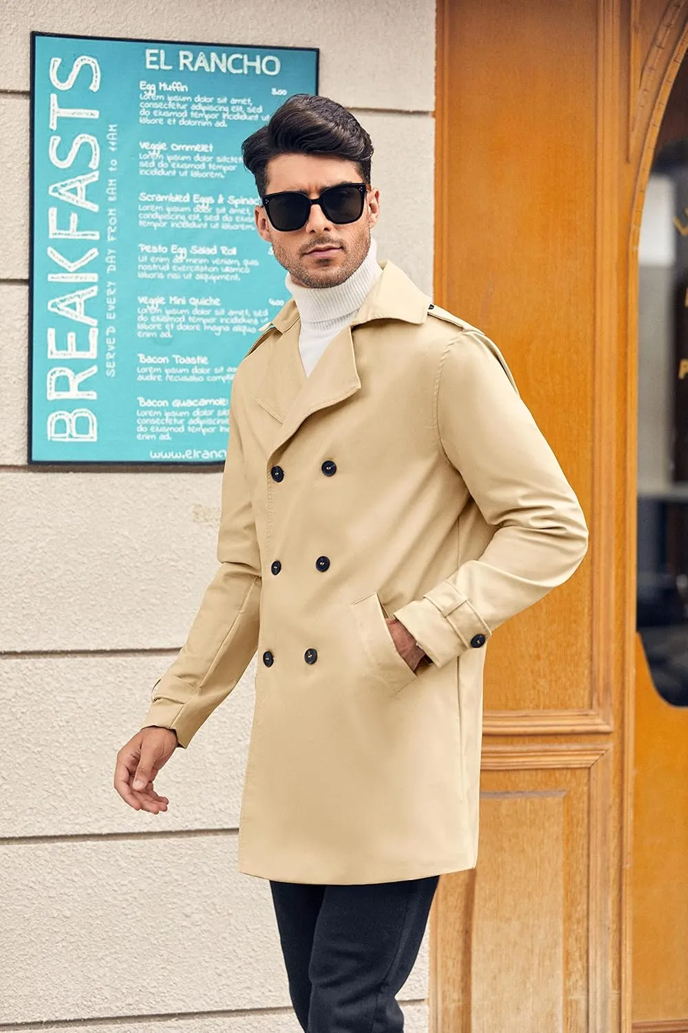 Gafeng Mens Double Breasted Trench Coat Notched Lapel Casual Slim Fit Long Windbreaker Overcoat