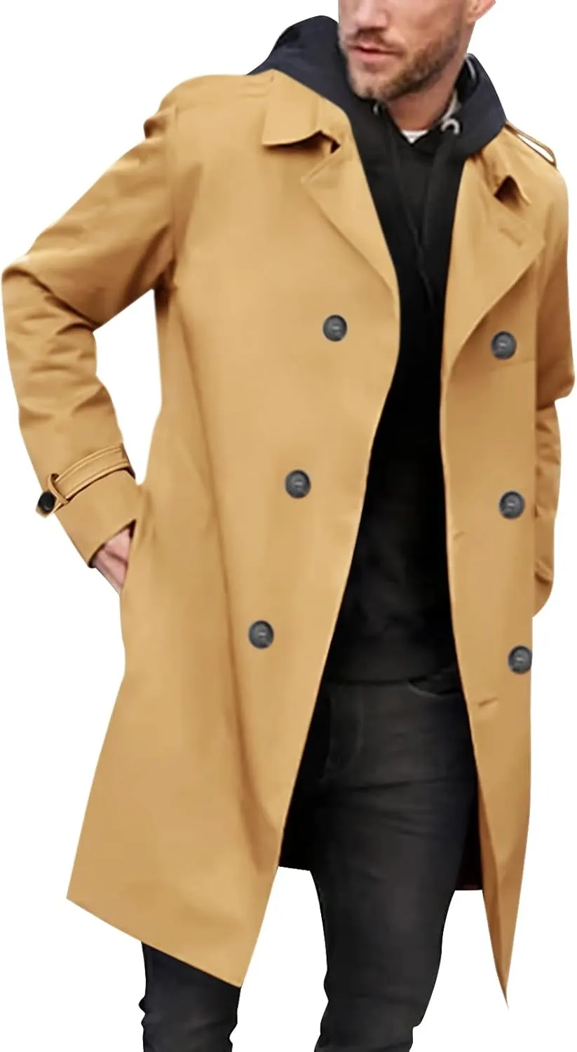 Gafeng Mens Double Breasted Trench Coat Notched Lapel Casual Slim Fit Long Windbreaker Overcoat