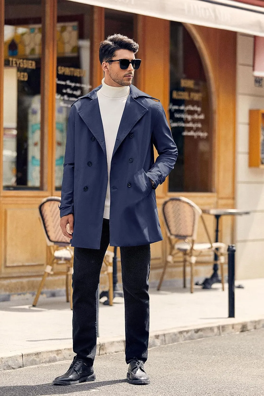 Gafeng Mens Double Breasted Trench Coat Notched Lapel Casual Slim Fit Long Windbreaker Overcoat