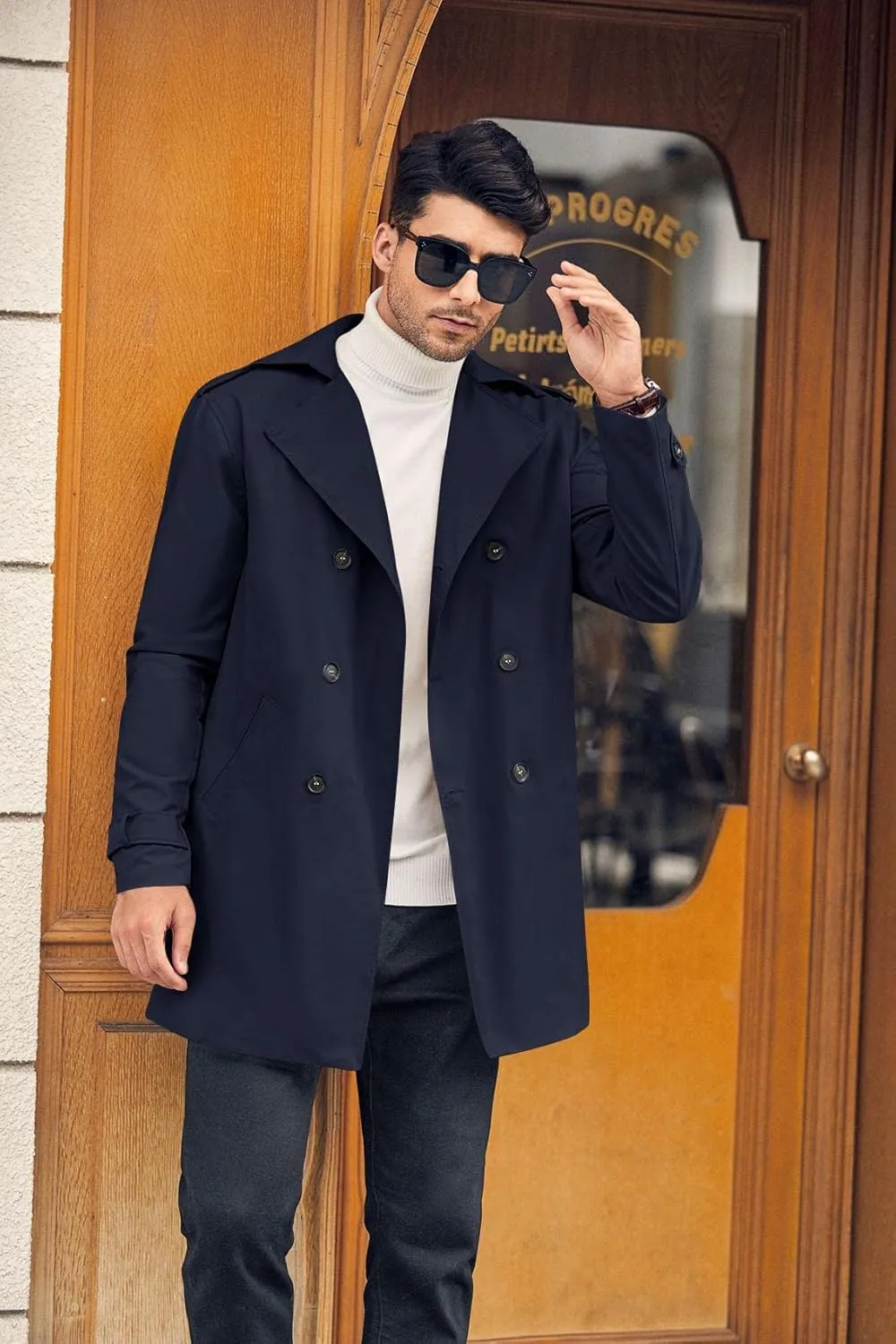 Gafeng Mens Double Breasted Trench Coat Notched Lapel Casual Slim Fit Long Windbreaker Overcoat