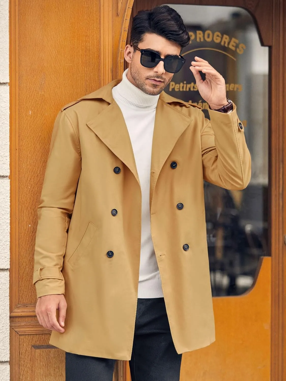 Gafeng Mens Double Breasted Trench Coat Notched Lapel Casual Slim Fit Long Windbreaker Overcoat