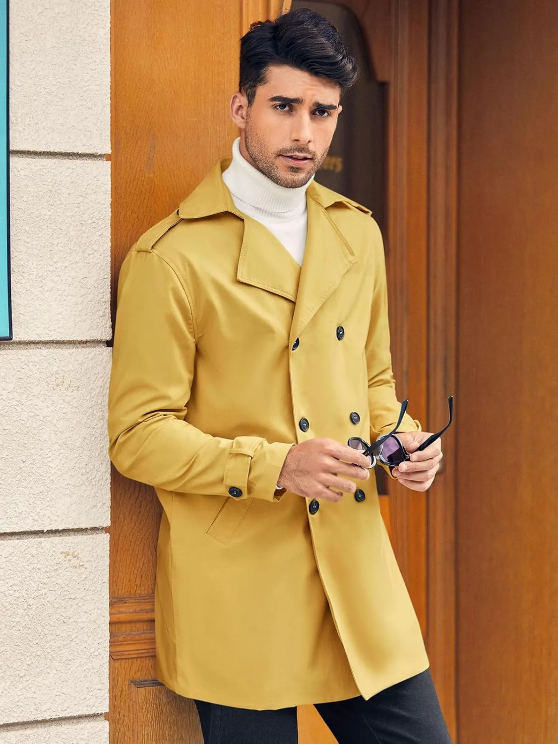 Gafeng Mens Double Breasted Trench Coat Notched Lapel Casual Slim Fit Long Windbreaker Overcoat